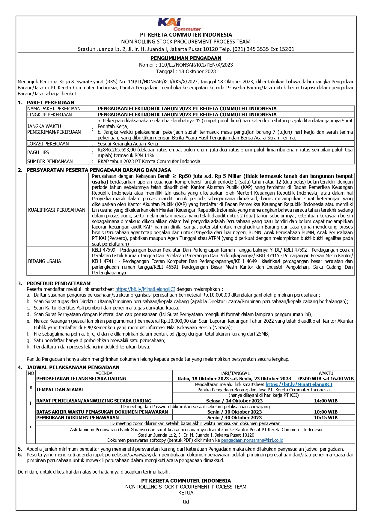 2 pengumuman 110 pengadaan elektronik tahun 2023 pt kci page 0001